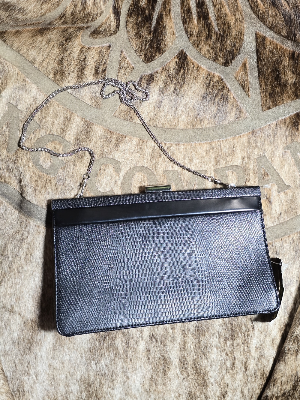 Preston And York Black Textured Shoulder Or Clutch Handbag With Silver Chain